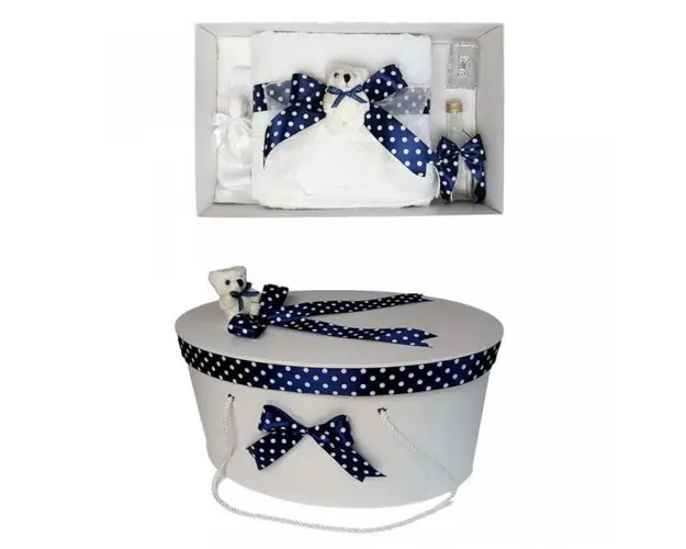 Set trusou botez si cutie trusou, Ursulet, fundita bleumarin cu buline, Denikos® 25