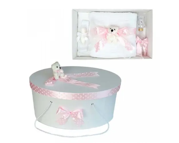 Set trusou botez si cutie trusou, Ursulet, fundita roz cu buline, Denikos® 22