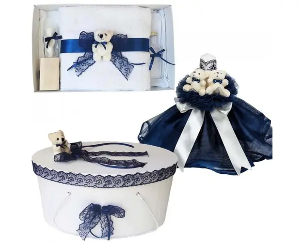 Set Ursuleti trusou botez, cutie trusou si lumanare, decor Bleumarin, Denikos® 573