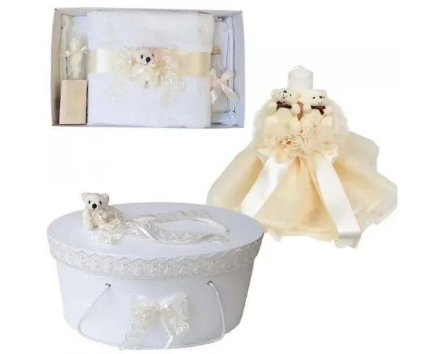 Set Ursuleti trusou botez, cutie trusou si lumanare, decor Ivoire, Denikos® 575