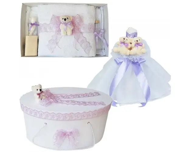 Set Ursuleti trusou botez, cutie trusou si lumanare, decor Lila, Denikos® 576