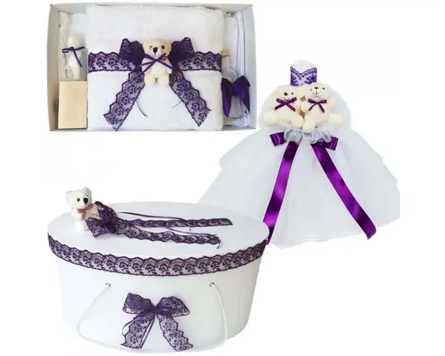 Set Ursuleti trusou botez, cutie trusou si lumanare, decor Mov, Denikos® 577
