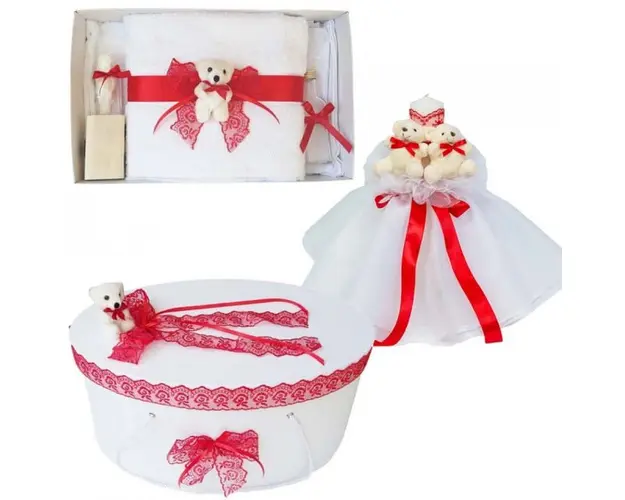 Set Ursuleti trusou botez, cutie trusou si lumanare, decor Rosu, Denikos® 578