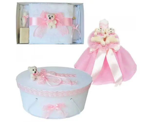 Set Ursuleti trusou botez, cutie trusou si lumanare, decor Roz, Denikos® 579