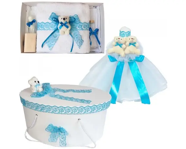 Set Ursuleti trusou botez, cutie trusou si lumanare, decor Turcoaz, Denikos® 580