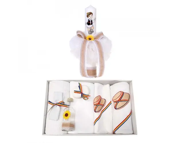 Trusou botez brodat si lumanare pentru baietel, decor traditional, Denikos® 120