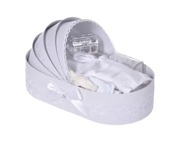 Trusou botez complet, in landou, decor dantela alba, diafana, Denikos® 834