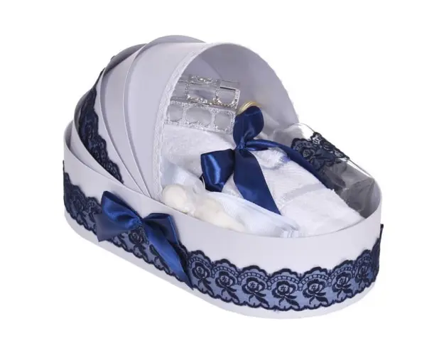 Trusou botez complet, in landou, decor dantela bleumarin, Denikos® 828