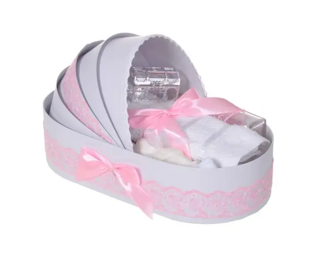 Trusou botez complet, in landou, decor dantela roz, Denikos® 835