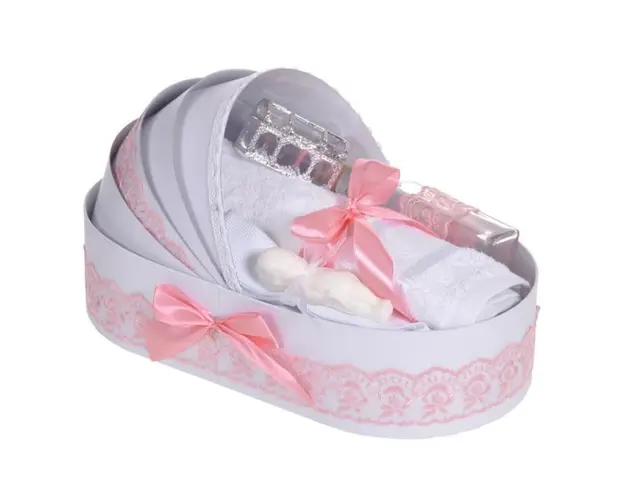 Trusou botez complet, in landou, decor dantela roz pudra, Denikos® 830