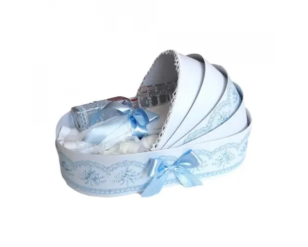 Trusou botez complet, in landou, decor elegant cu dantela bleu Denikos® 147