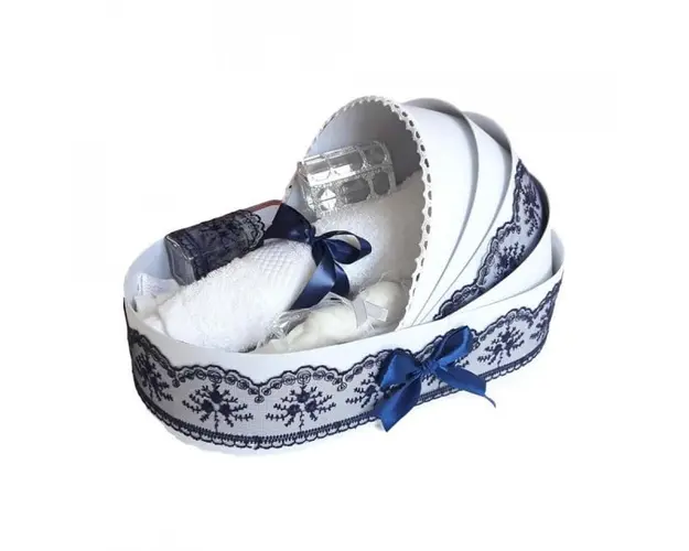 Trusou botez complet, in landou, decor elegant cu dantela bleumarin Denikos® 146