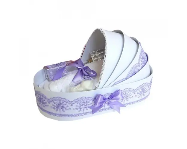 Trusou botez complet, in landou, decor elegant cu dantela lila Denikos® 143