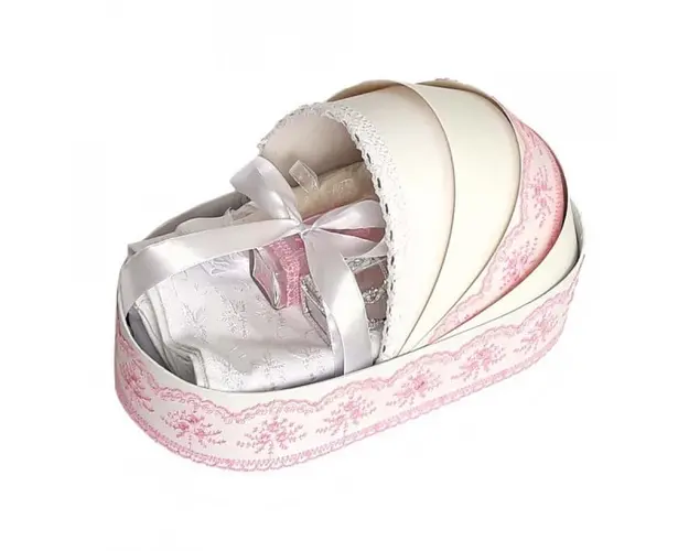 Trusou botez complet, in landou, decor elegant cu dantela roz Denikos® 141