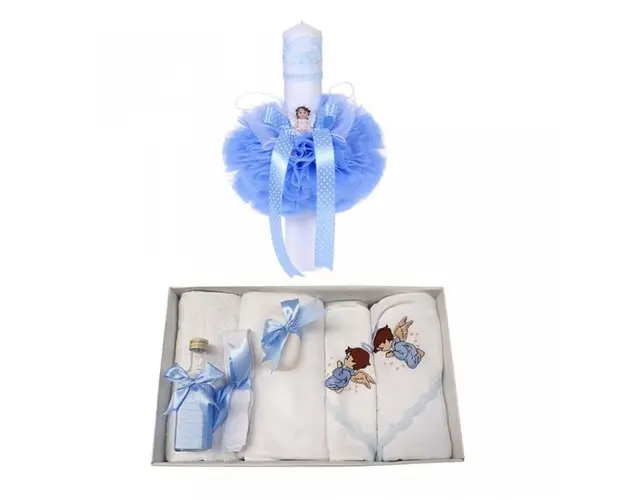 Trusou botez cu ingeras si lumanare pentru baietel, decor bleu, Denikos® 99