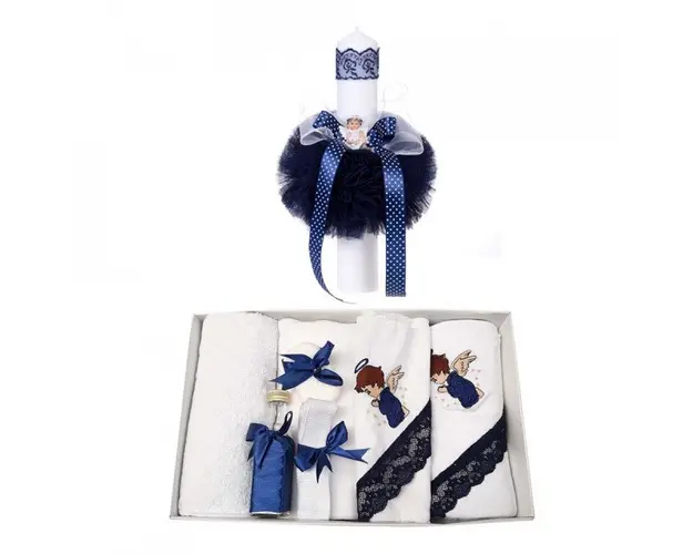 Trusou botez cu ingeras si lumanare pentru baietel, decor bleumarin, Denikos® 118
