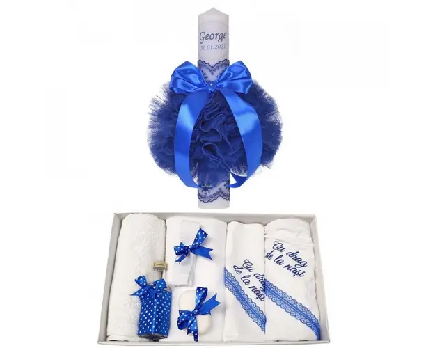 Trusou botez cu mesaj si lumanare botez personalizata, decor albastru, Denikos® 785