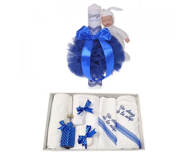 Trusou botez cu mesaj si lumanare botez personalizata, decor albastru cu iepuras, Denikos® 791