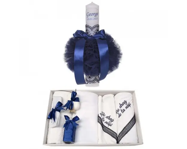 Trusou botez cu mesaj si lumanare botez personalizata, decor bleumarin, Denikos® 786