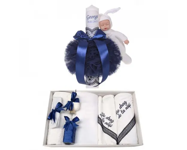 Trusou botez cu mesaj si lumanare botez personalizata, decor bleumarin cu iepuras, Denikos® 792