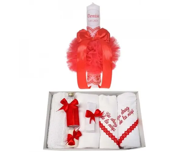 Trusou botez cu mesaj si lumanare botez personalizata, decor rosu, Denikos® 789