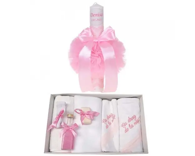 Trusou botez cu mesaj si lumanare botez personalizata, decor roz, Denikos® 788