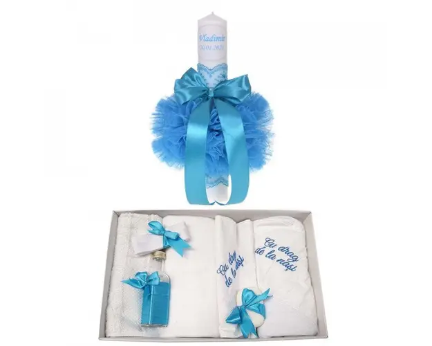 Trusou botez cu mesaj si lumanare botez personalizata, decor turcoaz, Denikos® 784