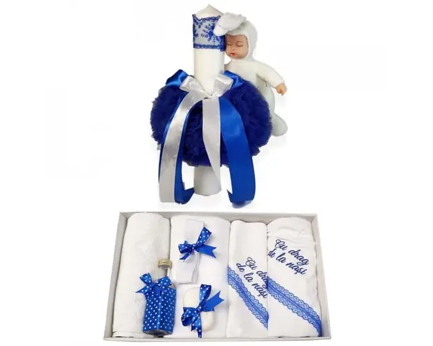 Trusou botez cu mesaj si lumanare cu iepuras, decor albastru, Denikos® 542