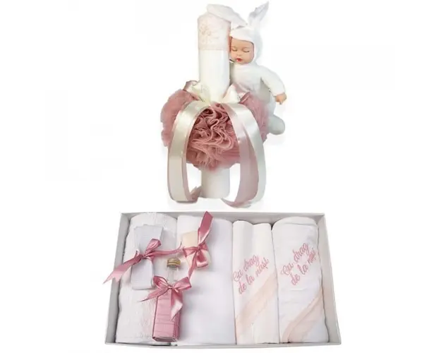 Trusou botez cu mesaj si lumanare cu iepuras, decor dusty rose, Denikos® 545