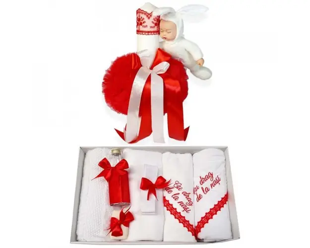 Trusou botez cu mesaj si lumanare cu iepuras, decor rosu, Denikos® 544