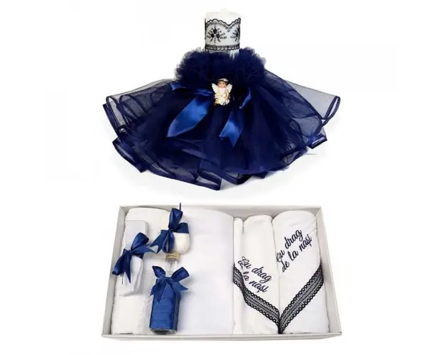 Trusou botez cu mesaj si lumanare dantela si Ingeras, decor bleumarin, Denikos® 549