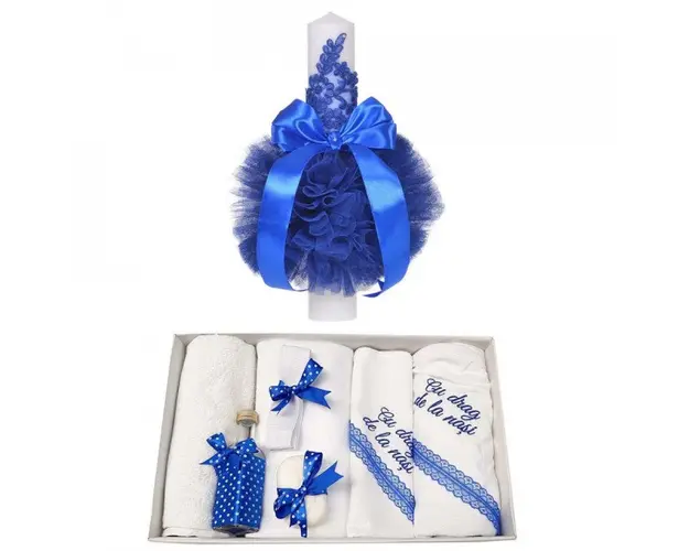 Trusou botez cu mesaj si lumanare eleganta glob cu dantela, decor albastru, Denikos® 742