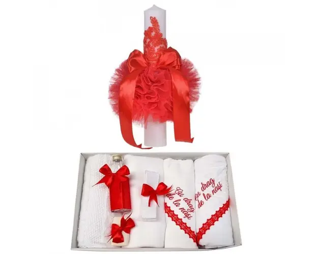 Trusou botez cu mesaj si lumanare eleganta glob cu dantela, decor rosu, Denikos® 745