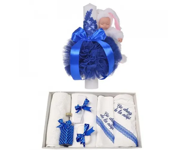 Trusou botez cu mesaj si lumanare eleganta glob cu dantela si iepuras pufos, decor albastru, Denikos® 758