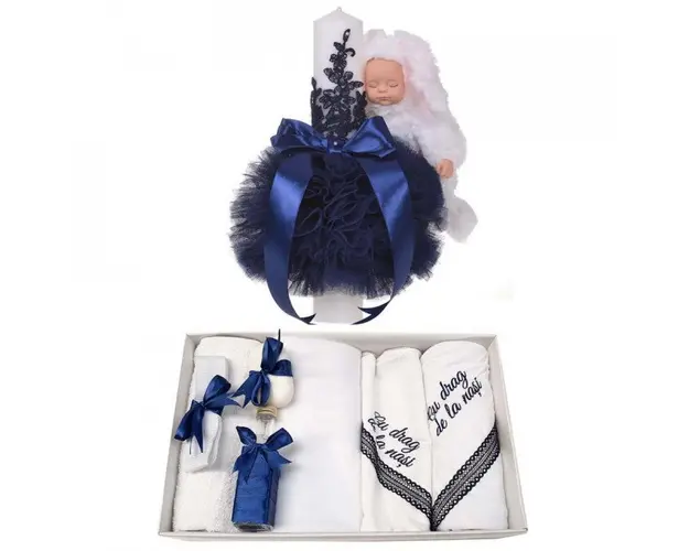 Trusou botez cu mesaj si lumanare eleganta glob cu dantela si iepuras pufos, decor bleumarin, Denikos® 759