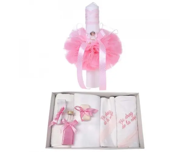 Trusou botez cu mesaj si lumanare glob cu Ingeras, decor roz, Denikos® 547