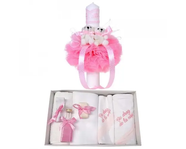 Trusou botez cu mesaj si lumanare pentru fetita, Ursuleti, decor roz, Denikos® 540