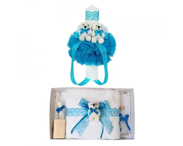 Trusou botez cu ursulet si lumanare glob, dantela si ursuleti, decor Turcoaz, Denikos® 607