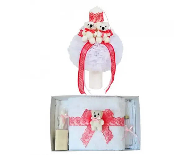 Trusou botez cu ursulet si lumanare glob, dantela si ursuleti, decor Corai, Denikos® 602