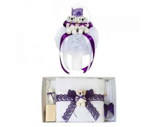 Trusou botez cu ursulet si lumanare glob, dantela si ursuleti, decor Mov, Denikos® 604