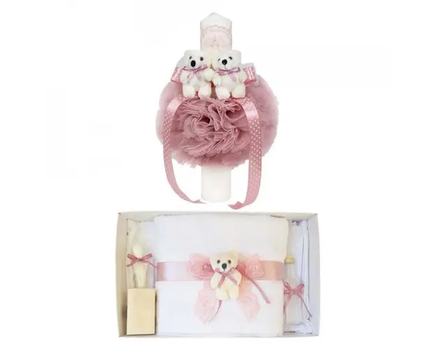 Trusou botez cu ursulet si lumanare glob, dantela si ursuleti, decor Roz Pudra, Denikos® 606