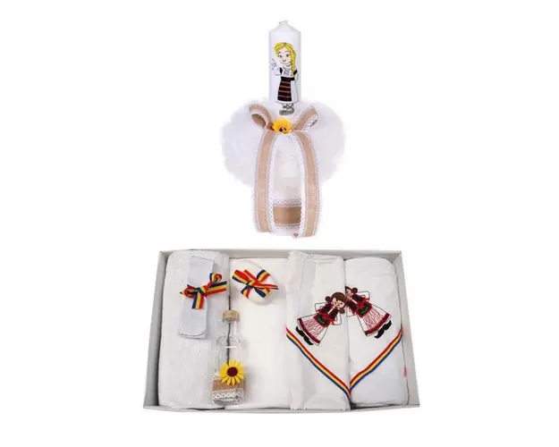 Trusou botez fetita brodat si lumanare, decor traditional, Denikos® 125