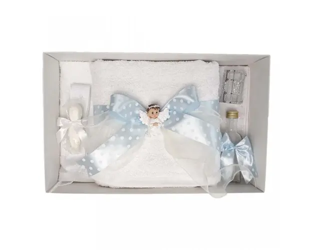 Trusou botez fundita bleu cu buline, cu ingeras, Denikos® 29