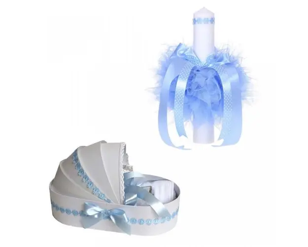 Trusou botez in landou si lumanare cu floricele bleu pentru baietel Denikos® 43