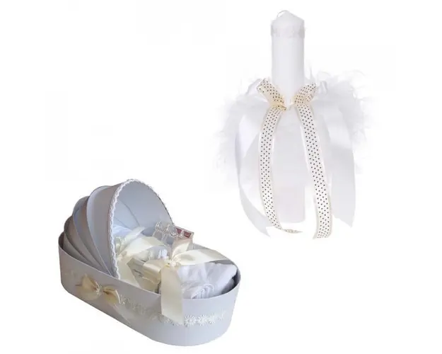 Trusou botez in landou si lumanare cu floricele, decor crem Denikos® 104