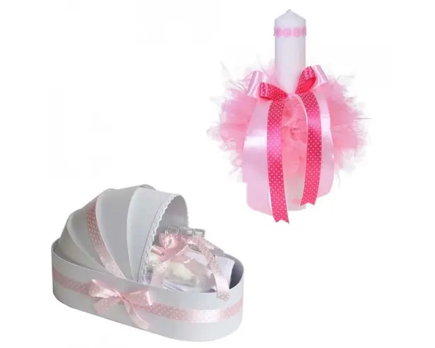 Trusou botez in landou si lumanare cu floricele, decor roz Denikos® 105