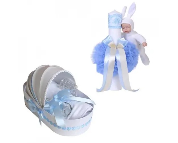 Trusou botez in landou si lumanare cu iepuras, decor bleu Denikos® 106