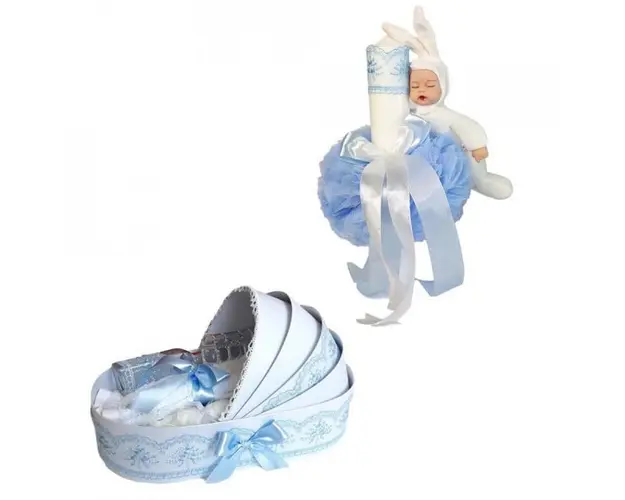 Trusou botez in landou si lumanare cu iepuras, decor bleu Denikos® 171