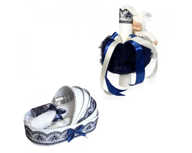 Trusou botez in landou si lumanare cu iepuras, decor bleumarin Denikos® 172