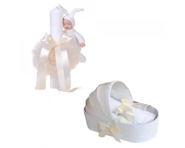 Trusou botez in landou si lumanare cu iepuras, decor ivoire Denikos® 174